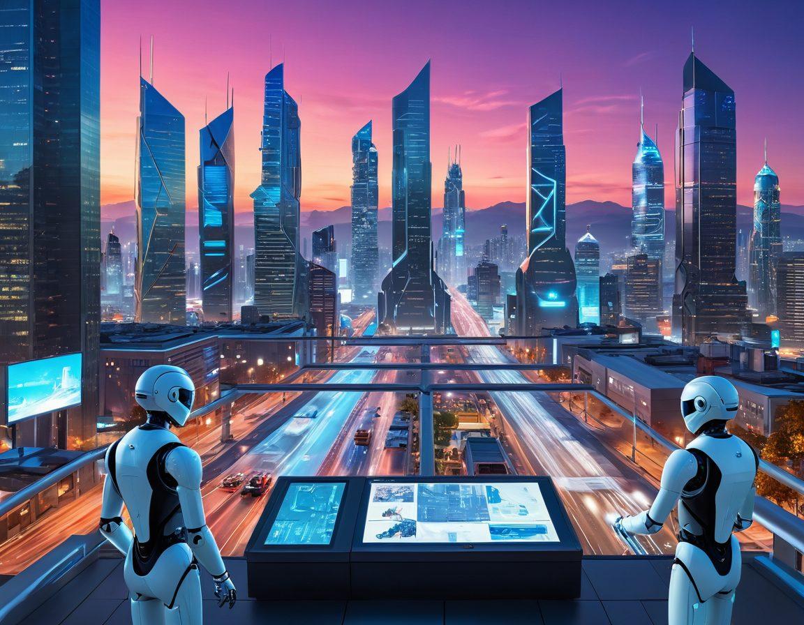 A futuristic cityscape infused with advanced AI technology, showcasing robotic helpers interacting with humans in seamless automation. Highlight digital screens displaying data and innovative interfaces, with a bright, clear skyline in the background. Emphasize elements like drones and smart devices, illustrating the harmony between technology and everyday life. super-realistic. vibrant colors. high-tech aesthetic.