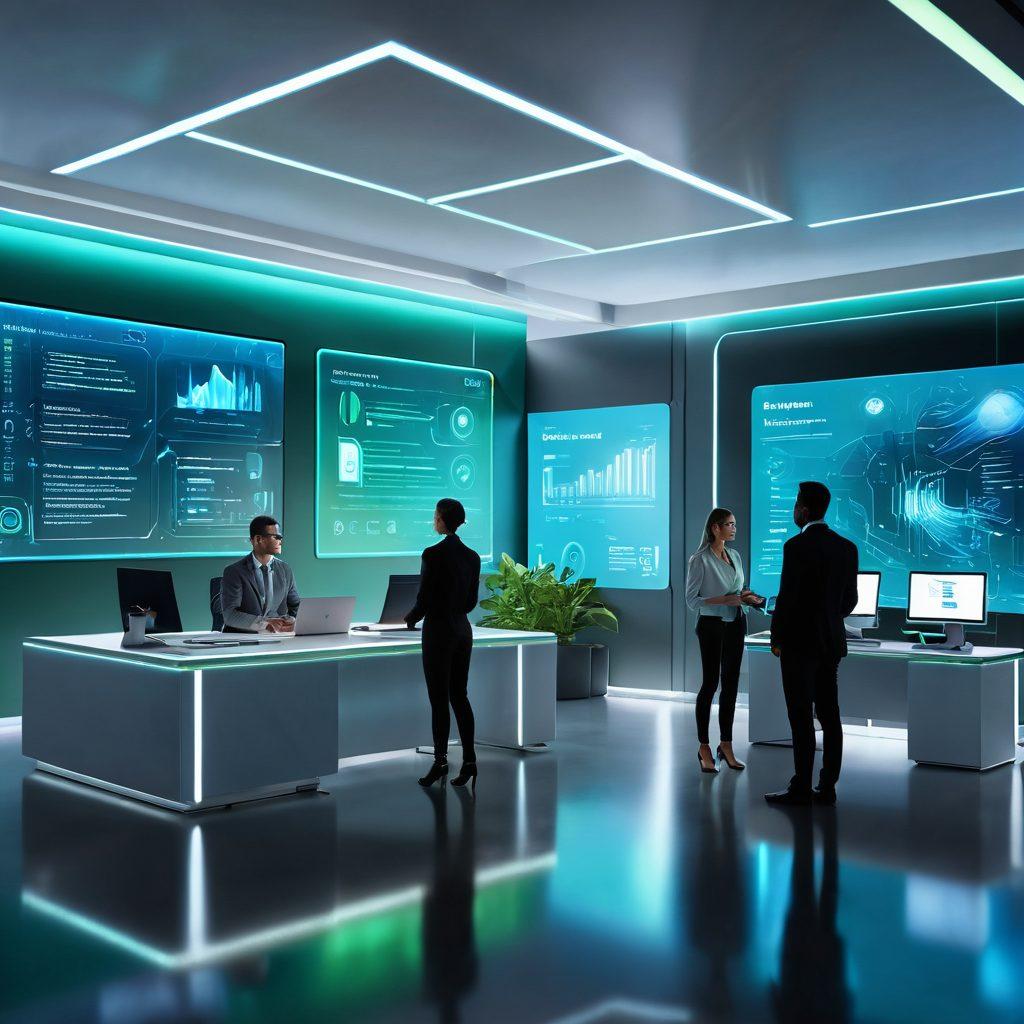 A futuristic office setting with diverse professionals interacting with advanced voice recognition technology, holographic screens displaying data and automation services. The environment is sleek and modern, featuring soft blue and green tones to convey innovation and empowerment. Showcase a blend of human collaboration with AI, symbolizing the future of business. super-realistic. vibrant colors. 3D.