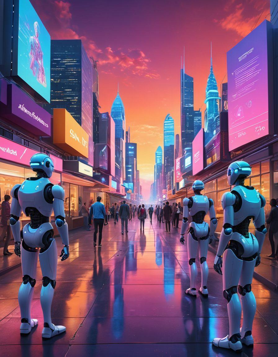 A futuristic landscape featuring a brightly lit city filled with innovative AI technologies and sleek buildings, depicting AI interfaces and humanoid robots collaborating with humans. In the foreground, a diverse group of innovators brainstorm around a holographic map of AI applications. The sky is a mix of vibrant sunset colors, illuminating the path ahead. The overall scene conveys a sense of optimism and progress in AI solutions. super-realistic. vibrant colors. 3D.